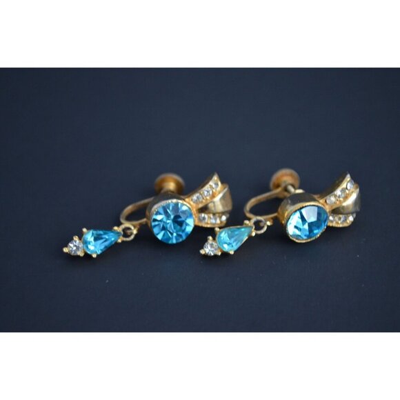 Vintage Gold Toned Screw Back Blue Stone Clear CZ Earrings - Picture 1 of 2